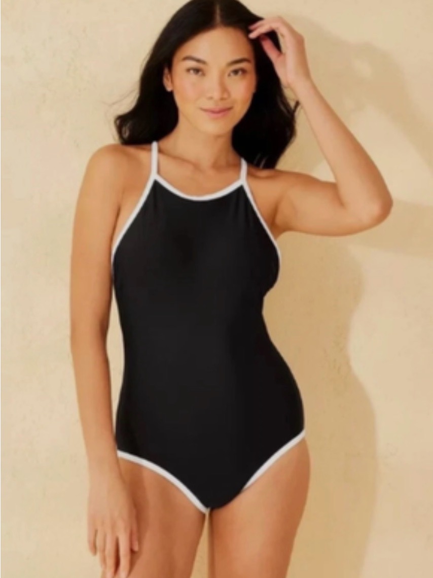 Shade & Shore Black One-Piece Swimsuit With White Trim